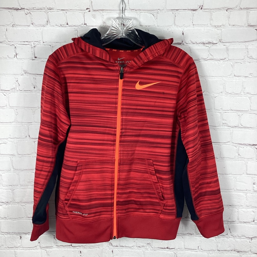 Nike Therma-Fit Fleece Lined Jacket‎ Full Zip Hooded Boys Size Large Pockets Red